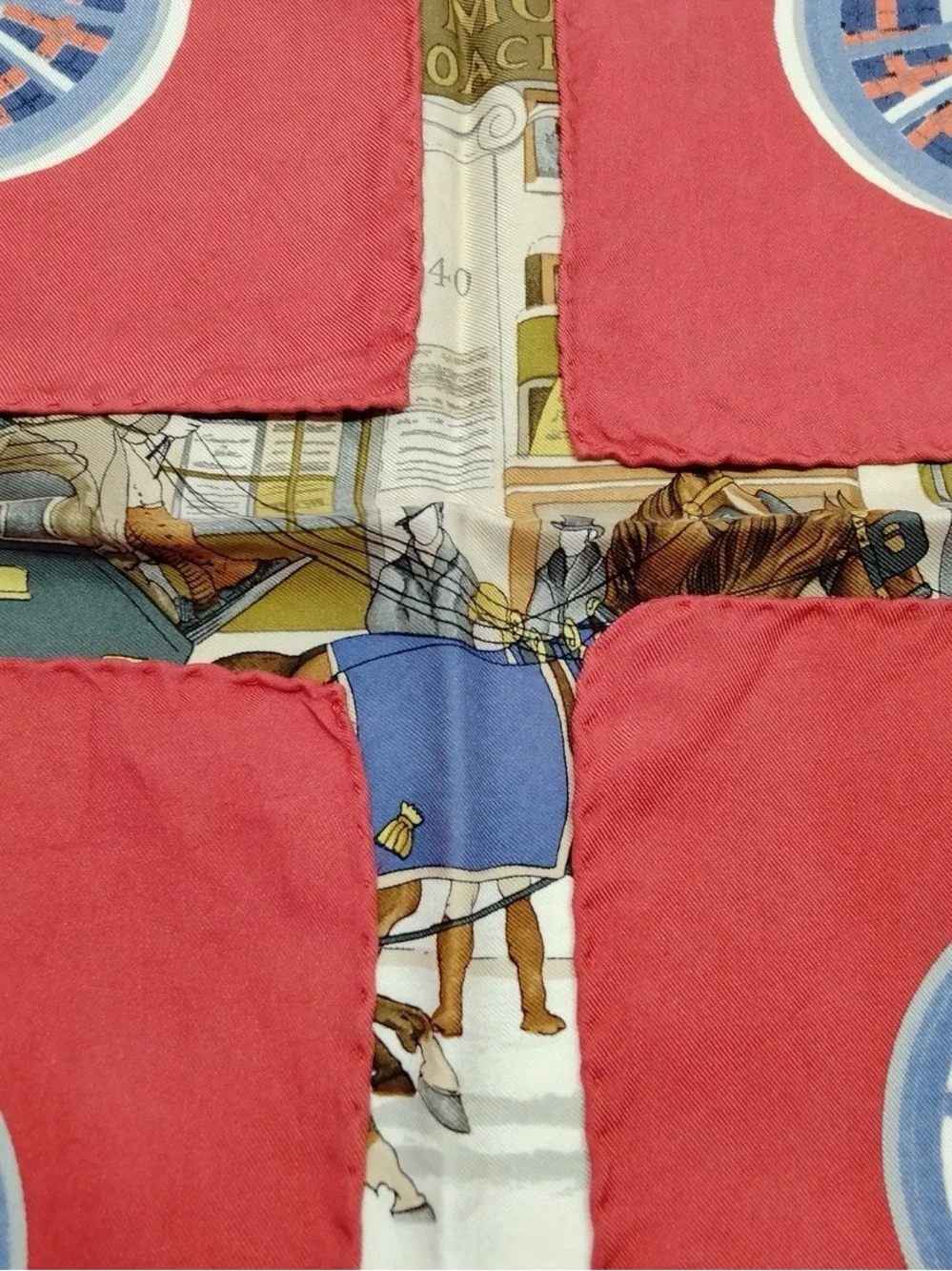 Authentic Hermès Horse Carriage Street Winter Field Red Blue White Silk Scarf 90